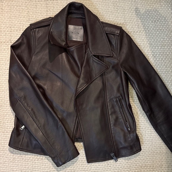 NEW Massimo Dutti Brown Leather Moto Jacket SZ Small - Picture 1 of 4